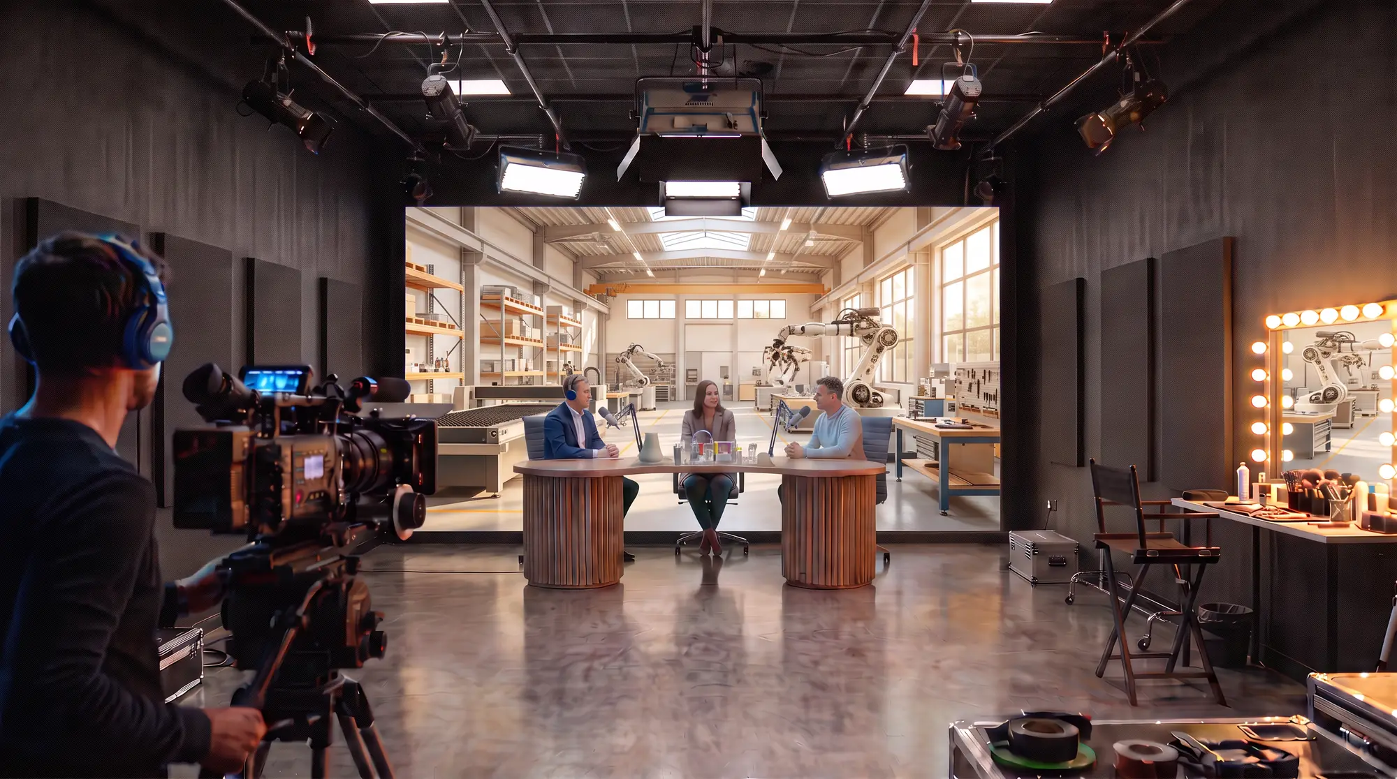 Plateau de tournage éclairé par une grille de projecteurs, trois intervenants autour d'une table de podcast devant un mur d'écrans